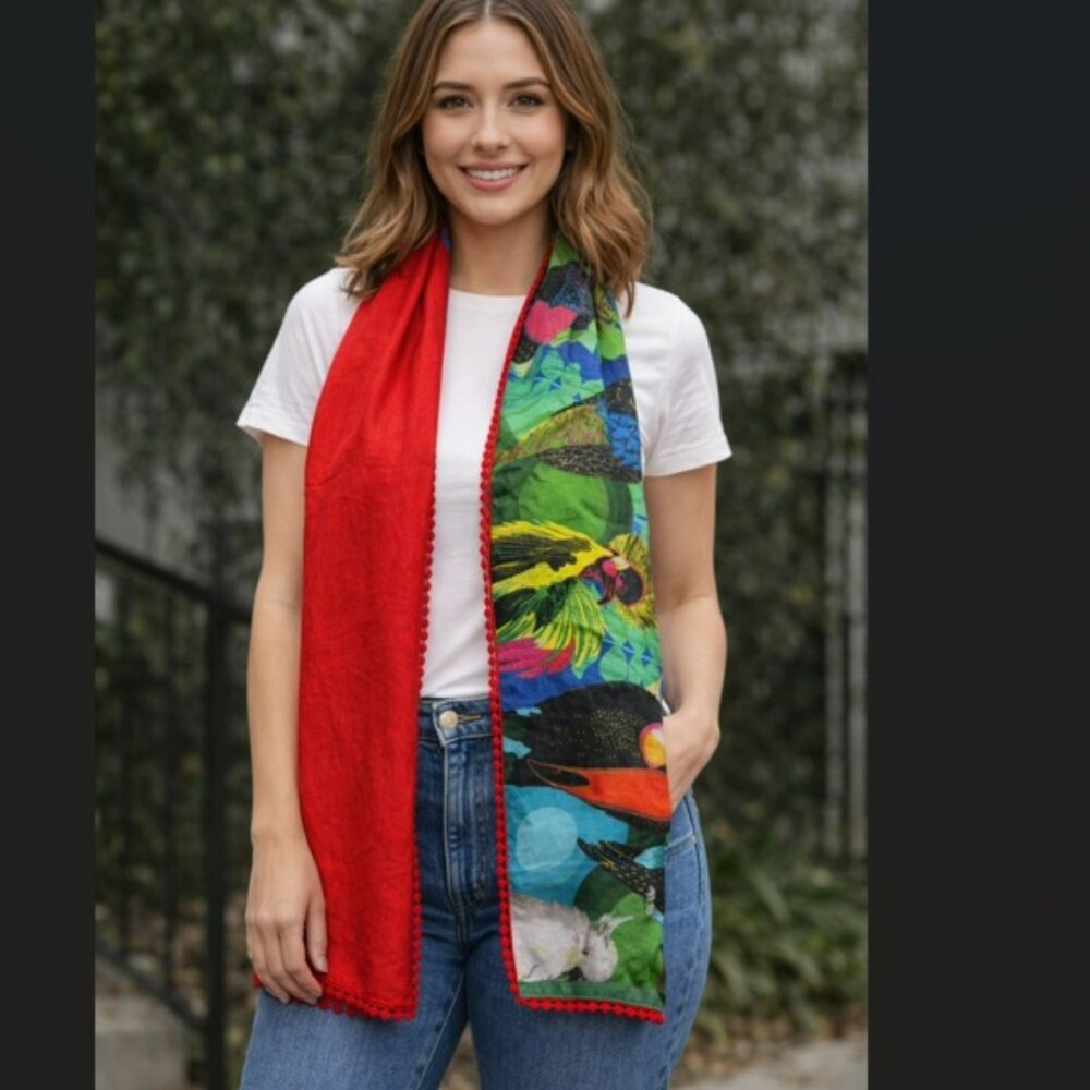 Desigual Tropical Bird Large Scarf Wrap Pom Pom Detail 43" x 74"